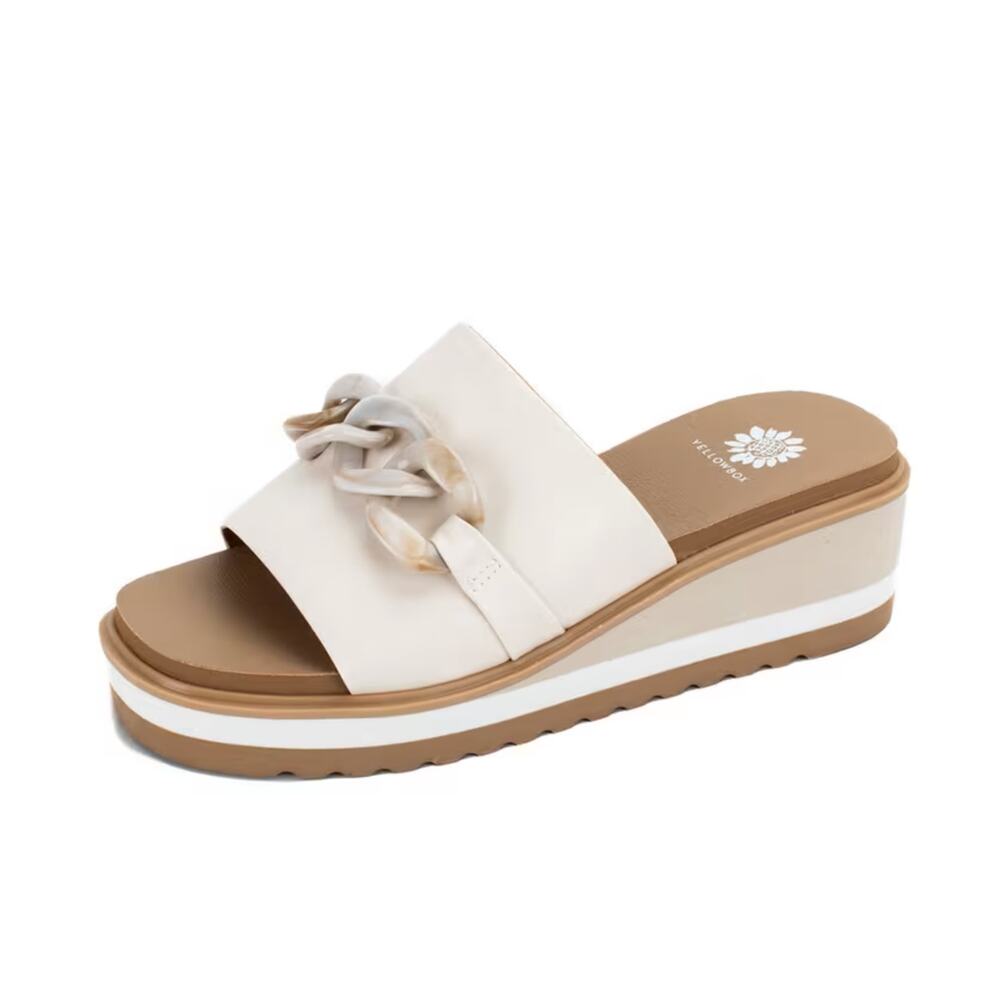 Yellow Box Womens Alora Wedge Slide Sandals US 7 M White Tan Vegan Leather NWOB